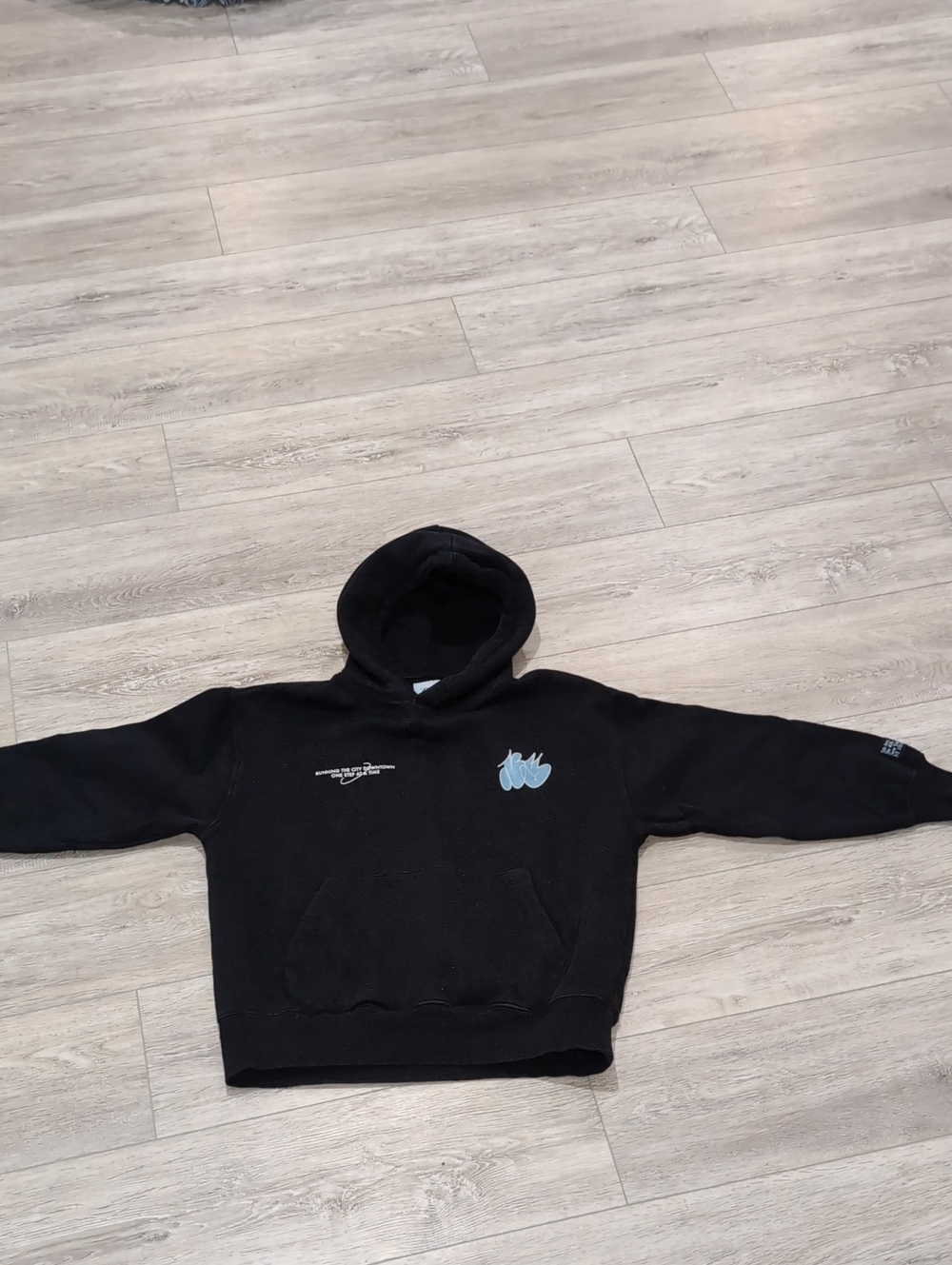 Zara Black Crewneck Hoodie with Light Blue Chest Graphic